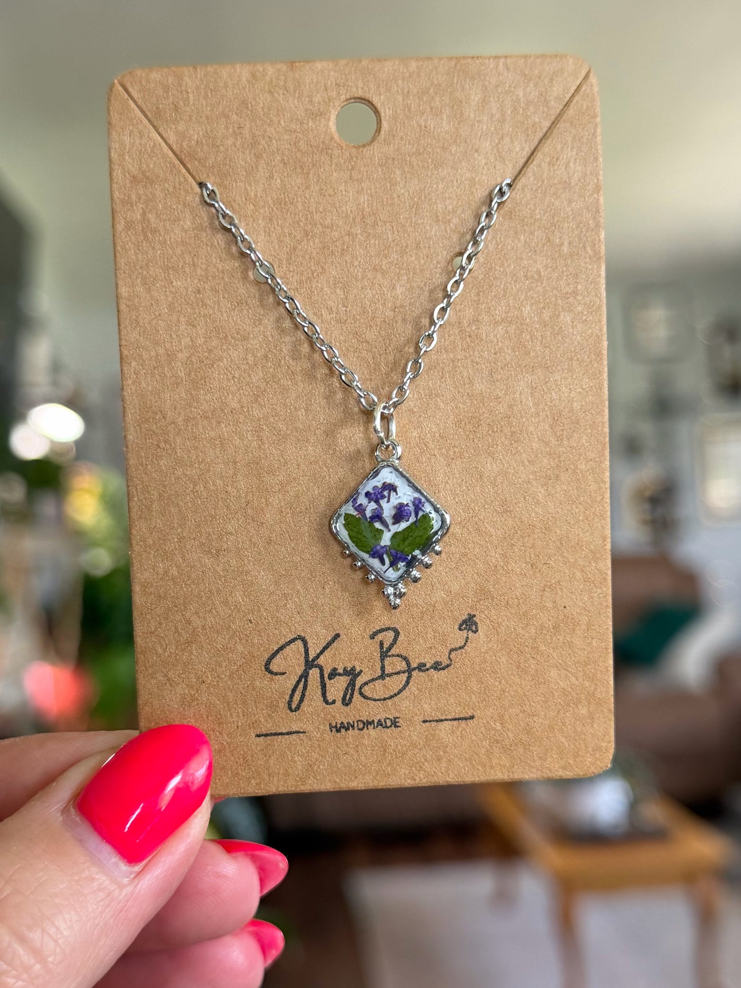 Beaded Diamond Purple Flower Necklace