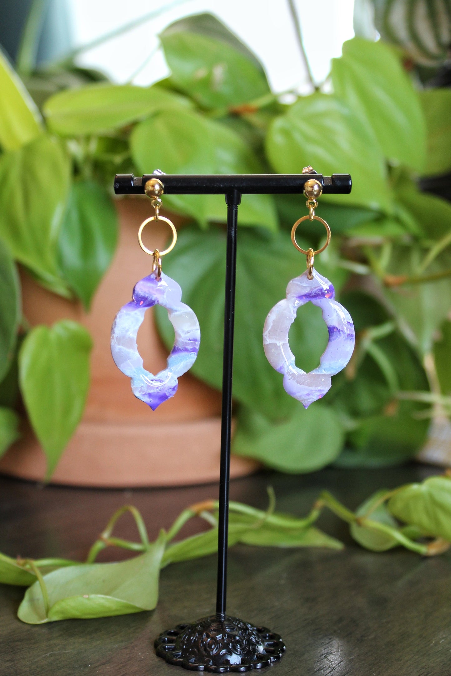 Moroccan purple marble earrings on silver and gold stainless steel studs with 2.5 inch drop