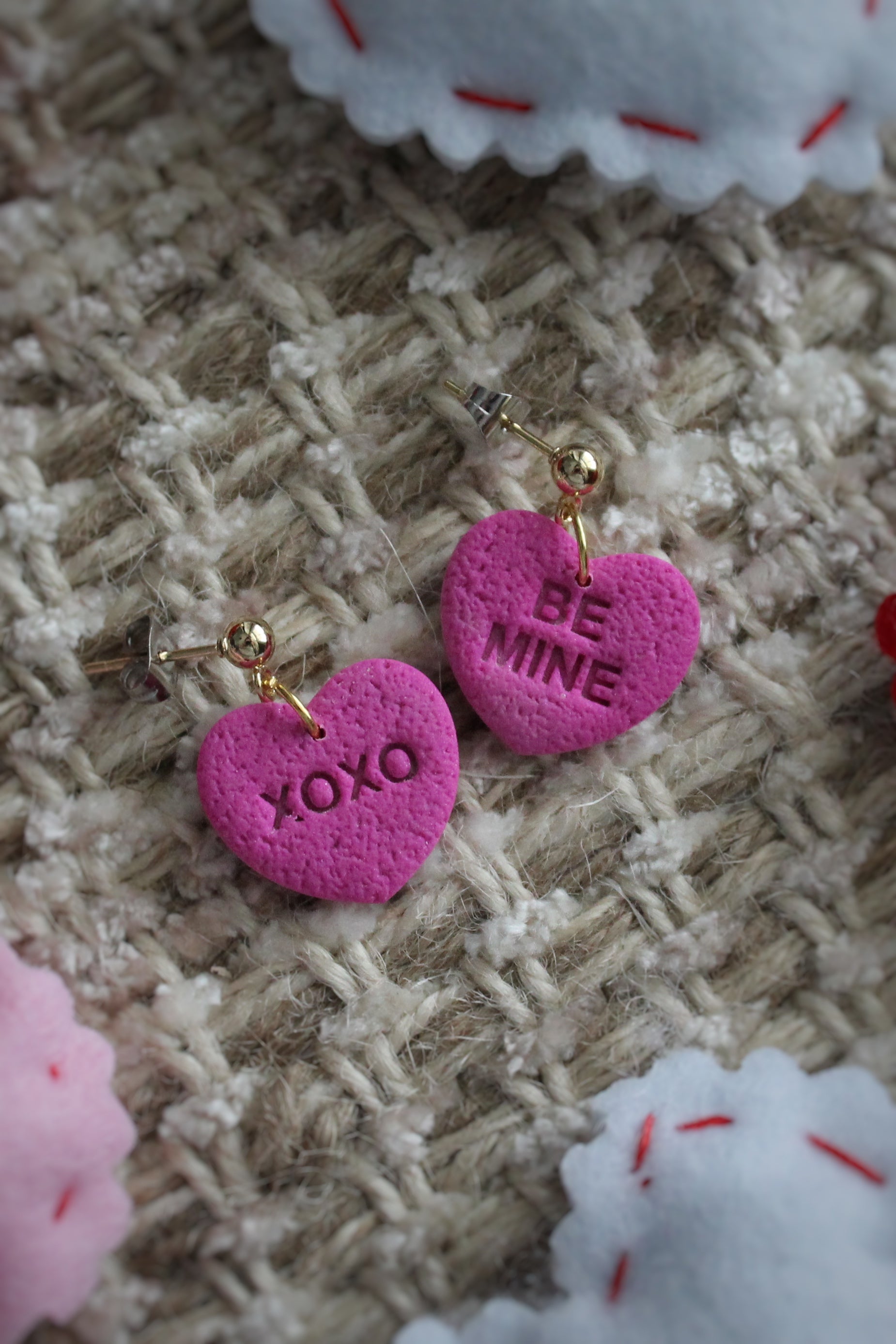 Conversation Heart Earrings/ Clay Earrings, Valentines Earrings/ Heart Earrings Be Mine - Pink