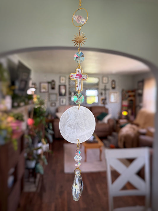 Pink Baby’s Breath Cross Sun Catcher