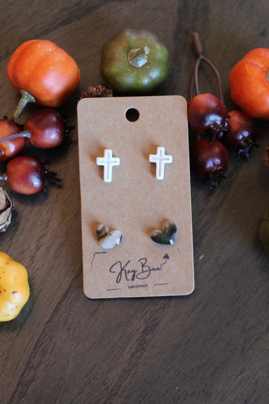 Marble Heart and Cross Studs
