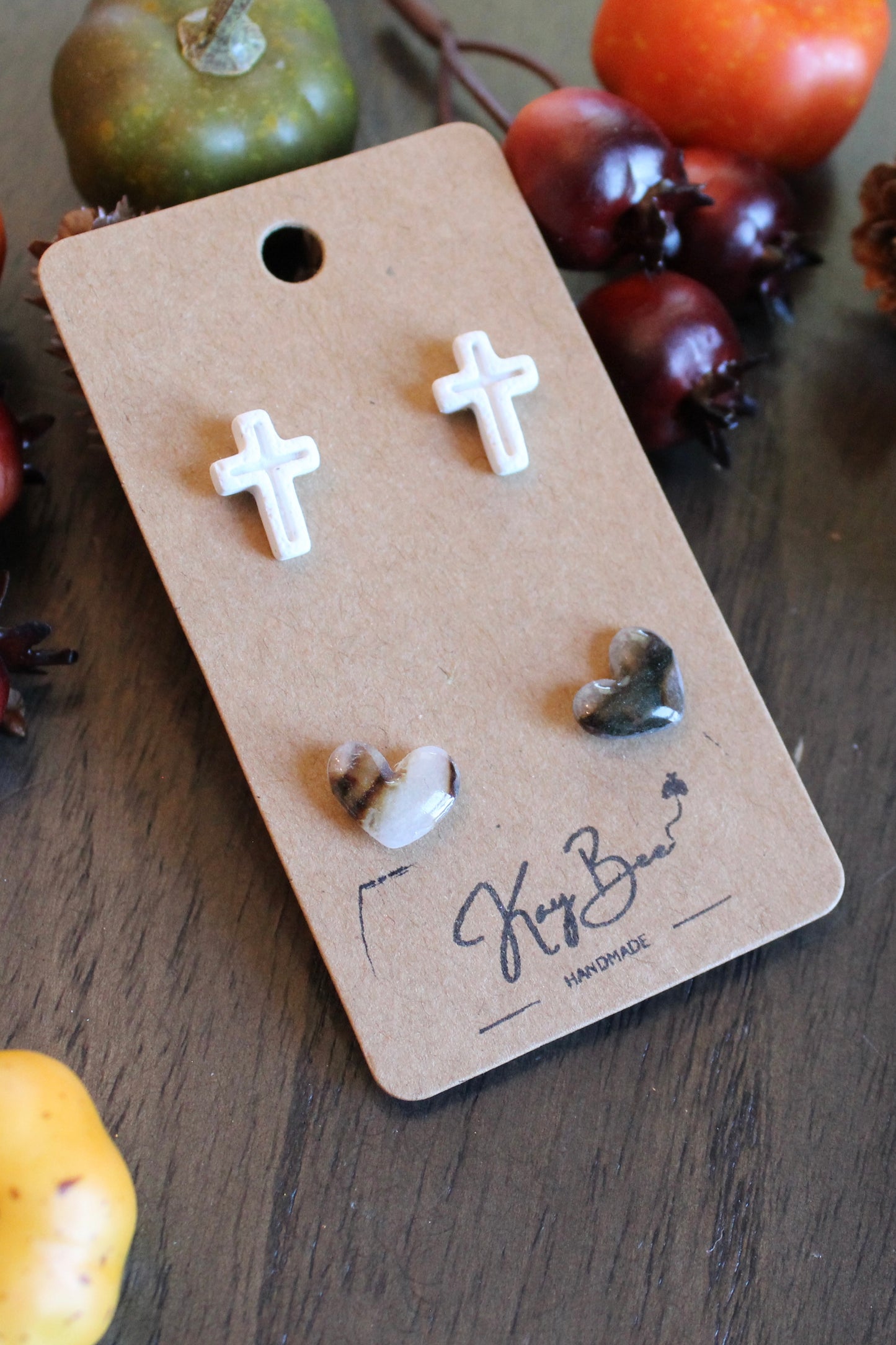Marble Heart and Cross Studs