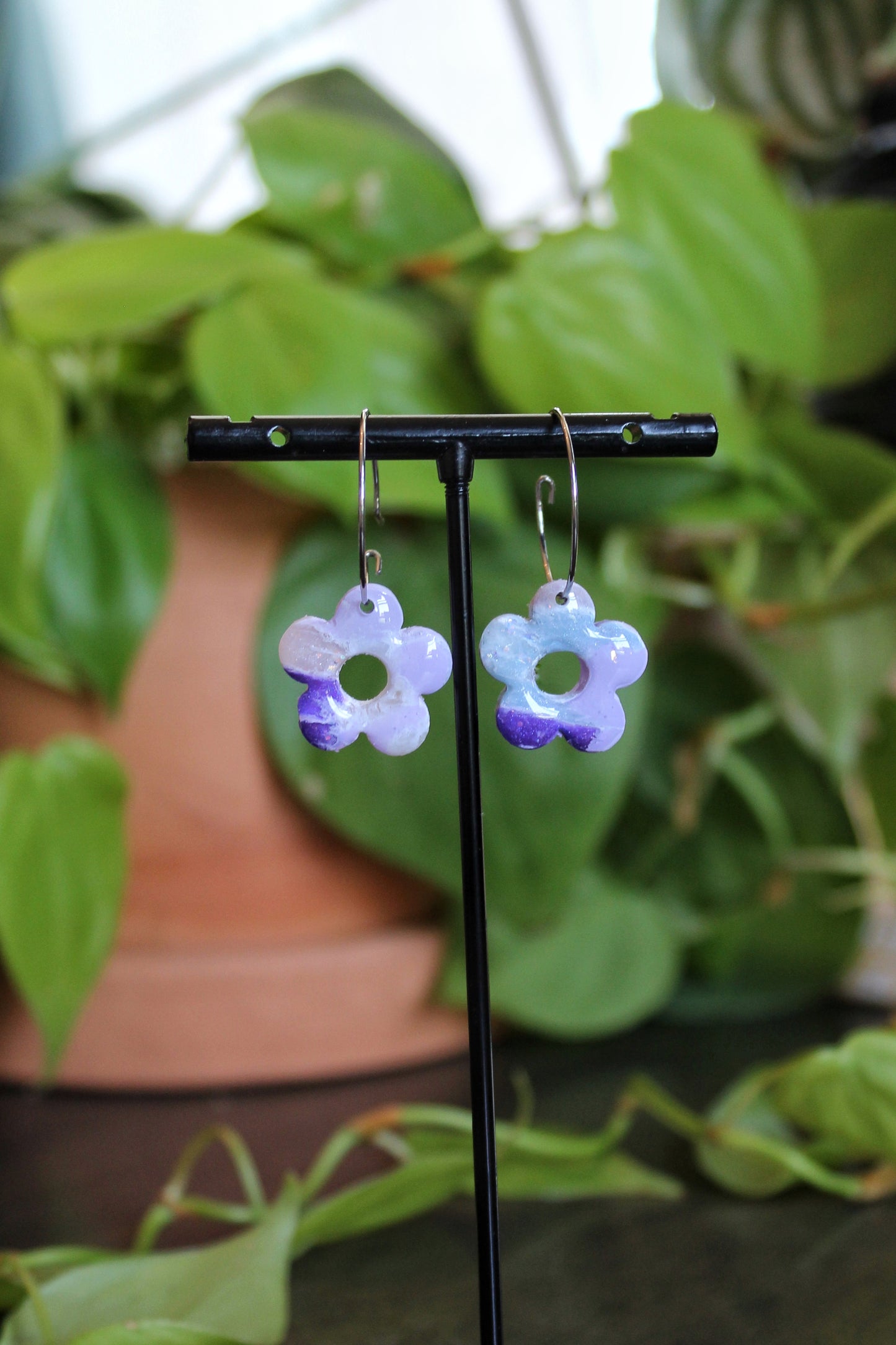 Purple Marble Daisy Hoops