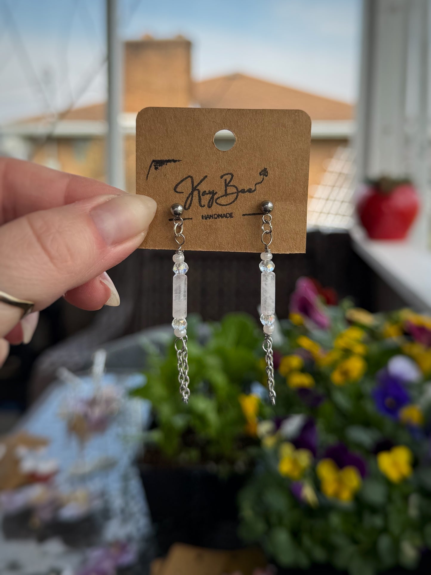 Beaded Rose Quartz Chain Earrings