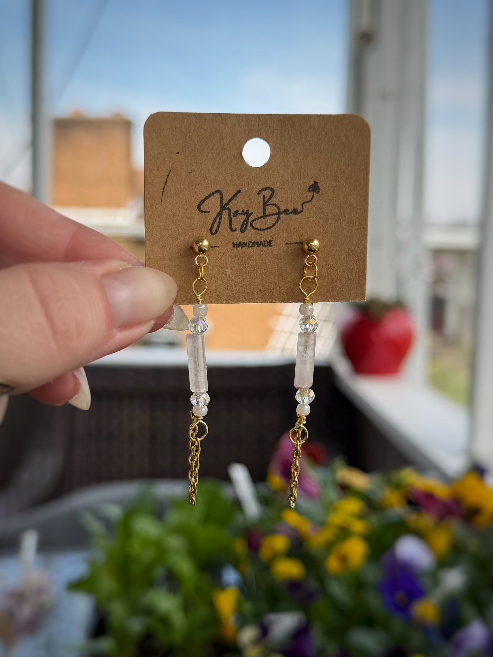 Beaded rose quartz chain earrings with gold and silver options, 2.25 inch drop, lightweight and handmade