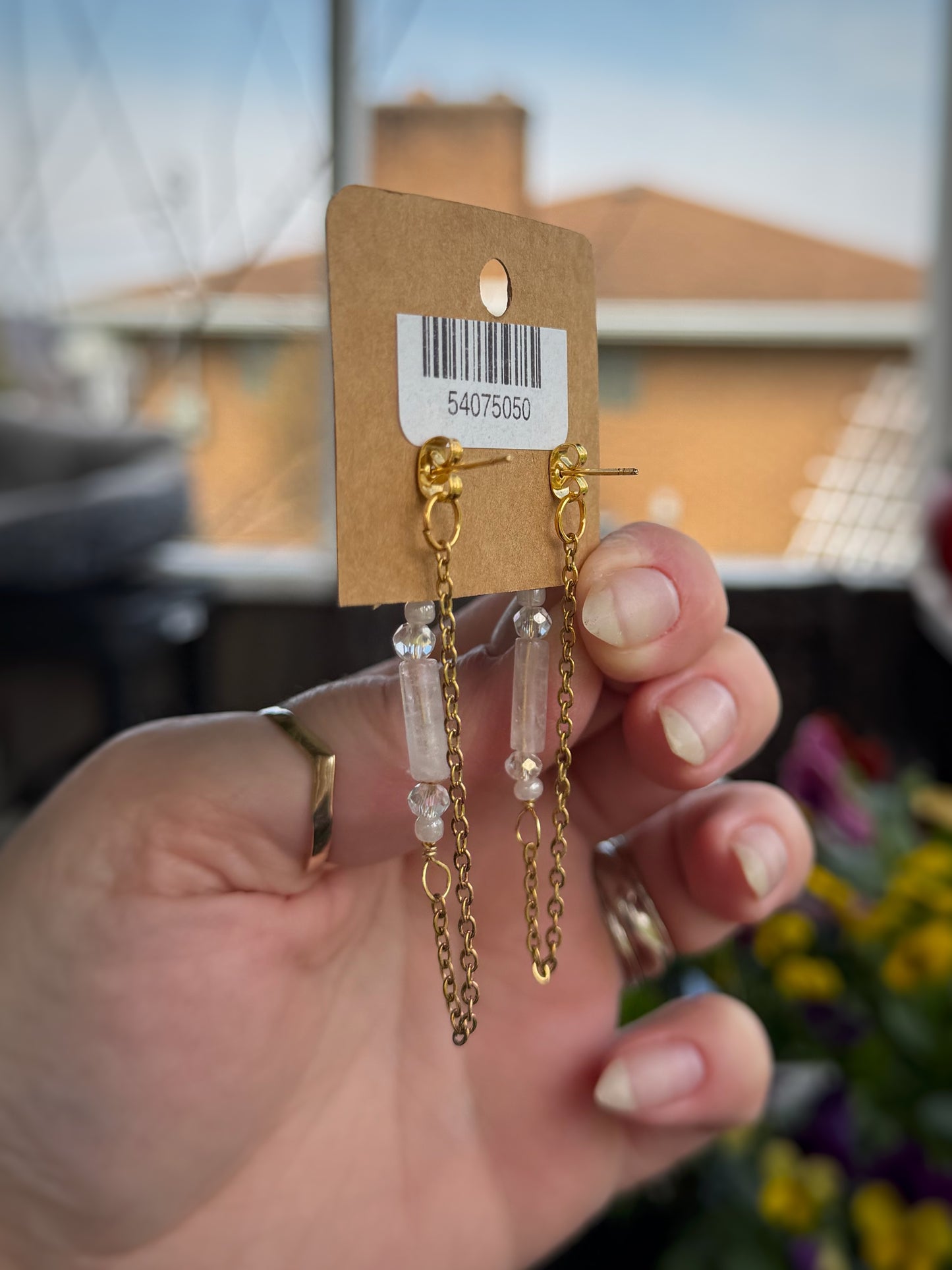 Beaded Rose Quartz Chain Earrings