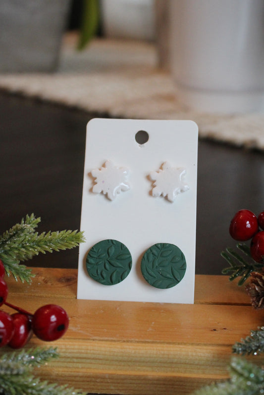 Leafy Green and Snowflake Studs