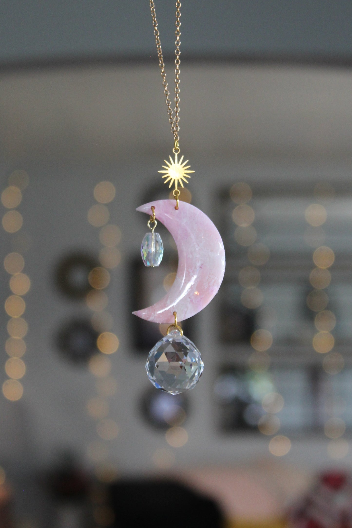 Rose Quartz Moon Rearview Mirror Charm