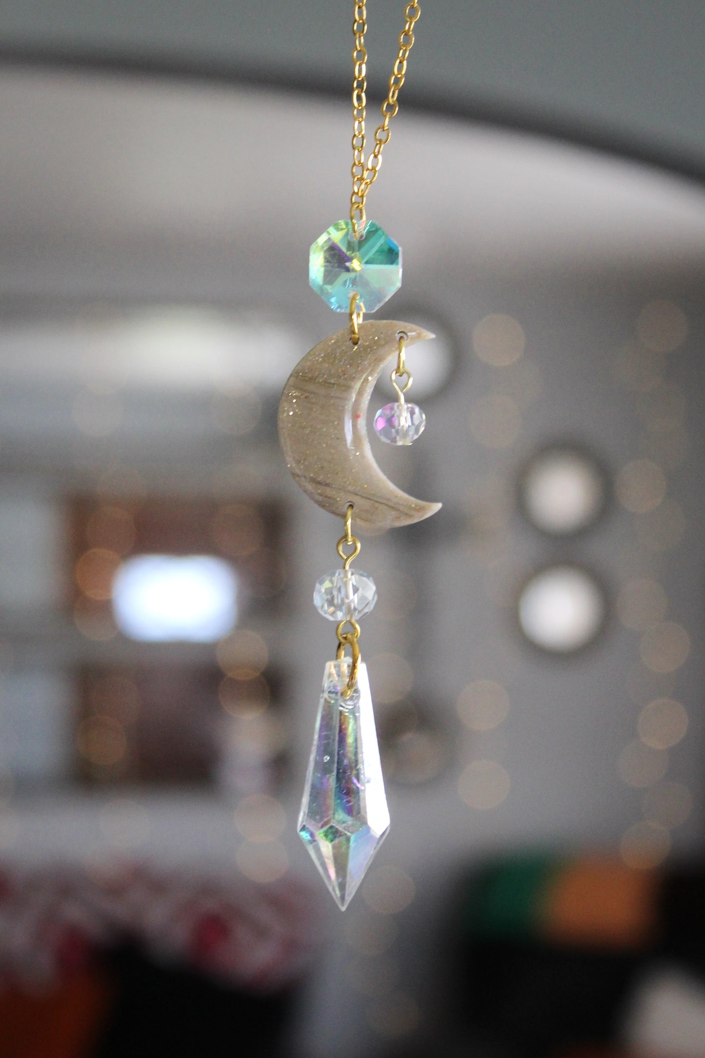 Gold Glitter Moon Rearview Mirror Charm