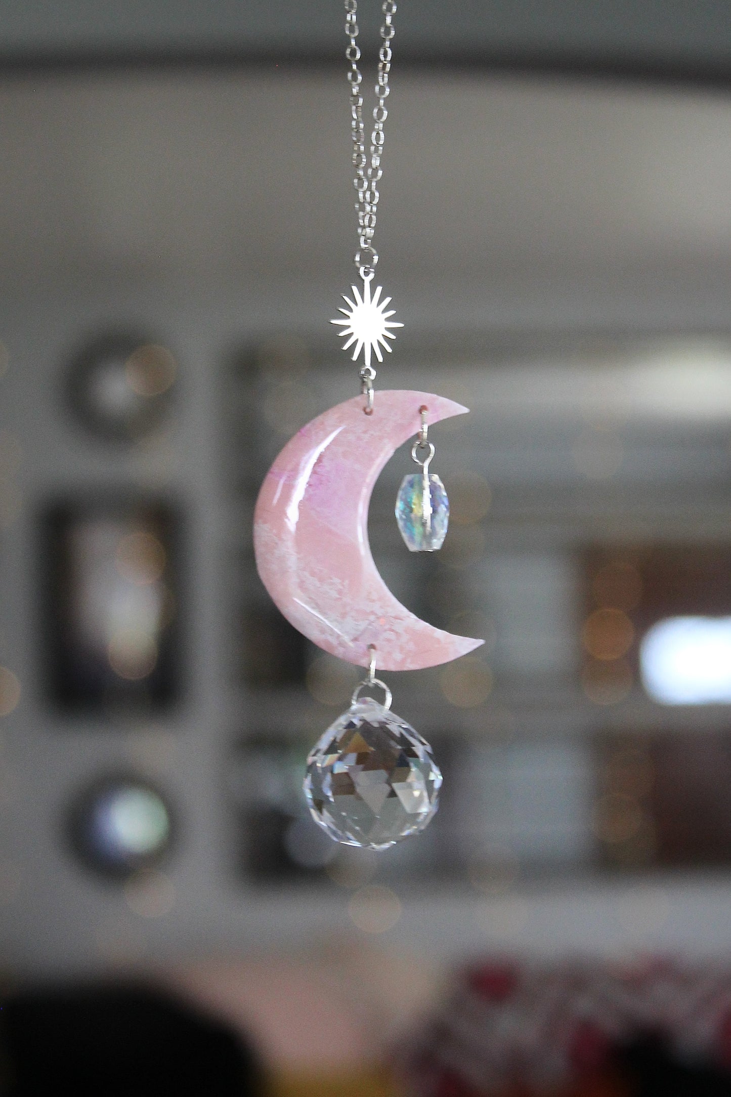 Rose Quartz Moon Rearview Mirror Charm